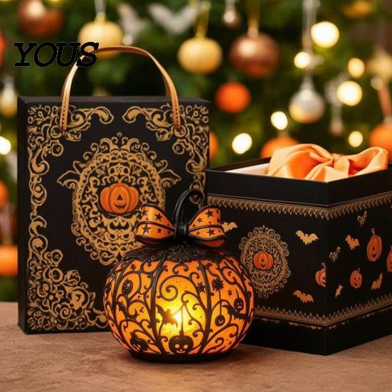 Warmes Nachtlicht 1/2 Stück Halloween Schleife Kürbislicht, Buntglas Schreibtischlampe, Gruselige Jack-o'-Lantern Nachtdekoration für Zuhause Büro Harzlichter