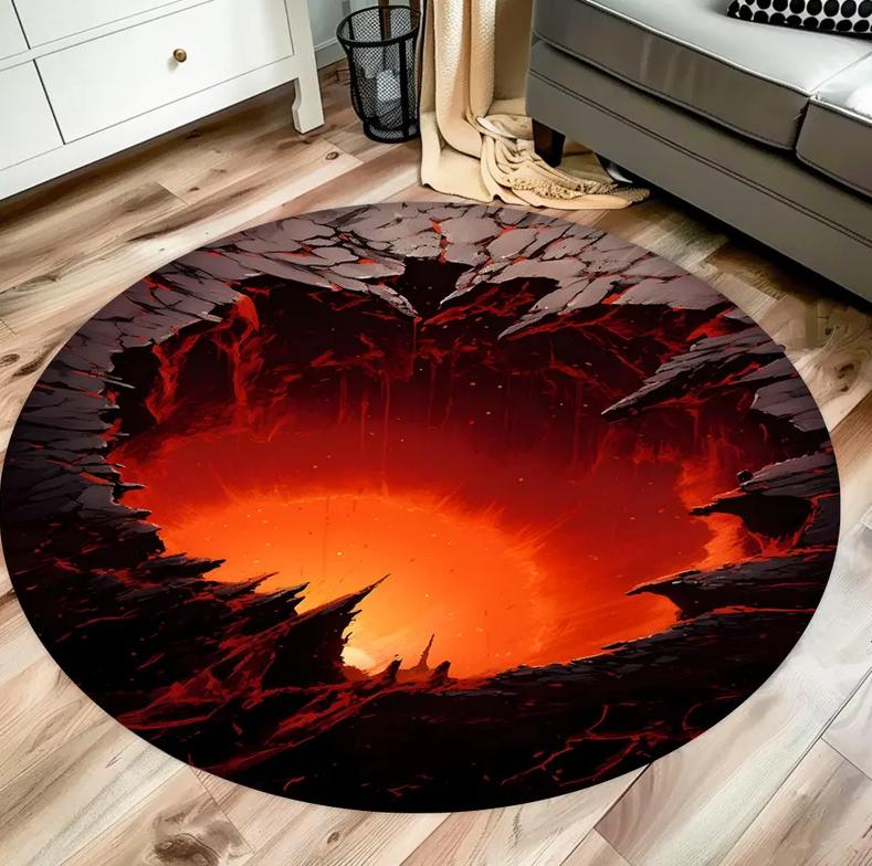 Vortex Lava Hole Round Area Rug Soft Non-Slip Floor Mat Fiery Red Orange Magma Whirlpool Illusion Pattern Carpet for Bedroom