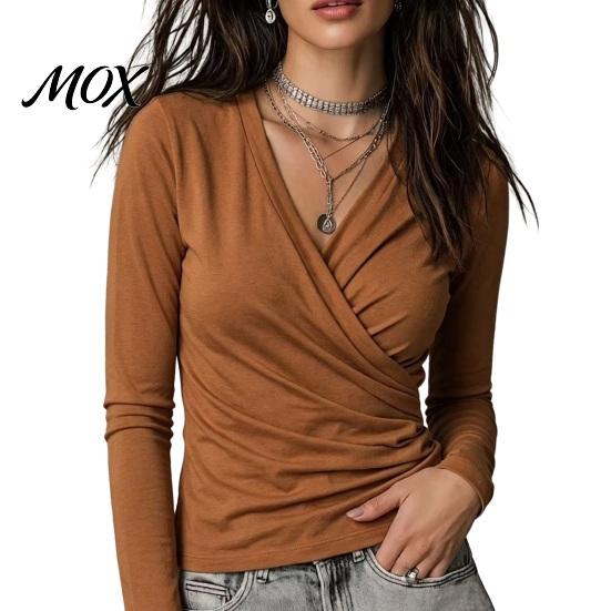 Skin Friendly Workwear Cross V-Neck Long Sleeve Top for Women, Slim Fit Sexy Relaxed Travel Clothing Pleated Shirt, Fall Solid Color Casual