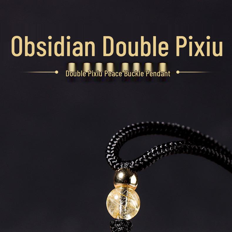 Natural Obsidian Double Pixiu Safety Buckle Pendant - Golden Obsidian Crystal Charm