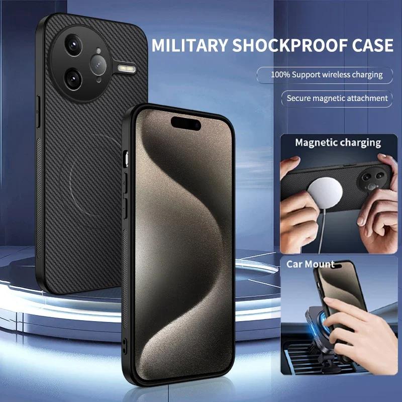 Carbon Fiber Pattern PU Leather Silicone Phone Case For Poco F7 Ultra F6 Pro Magnetic Wireless Charging Soft Back Cover Cases