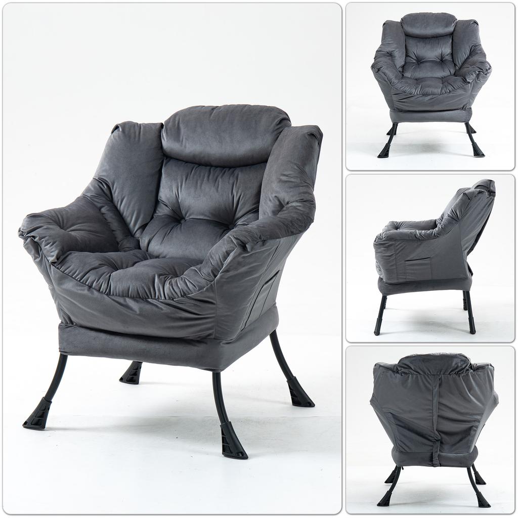 Lazy Chair, Relaxing Chair with Metal Frame and a Side Pocket, Simple Style Comfy Chairs for Bedrooms Living Room Balcon