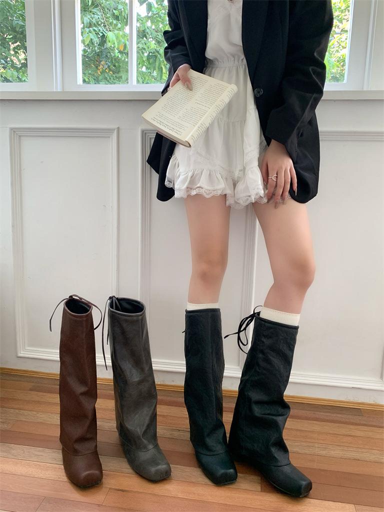 Square Head Pants Boots Women's Boots Inner Height Increase 2025 Autumn and Winter New Cool But Knee Boots Rear Lace-up Fashion Boots Women
