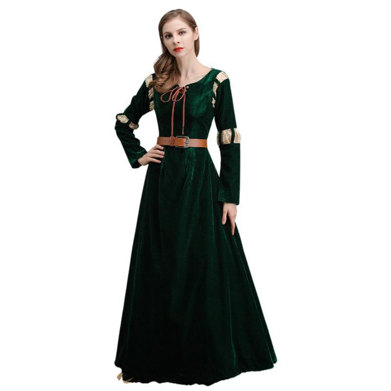 Women's Brave Merida Green Court Long Dress Halloween Cosplay Costume