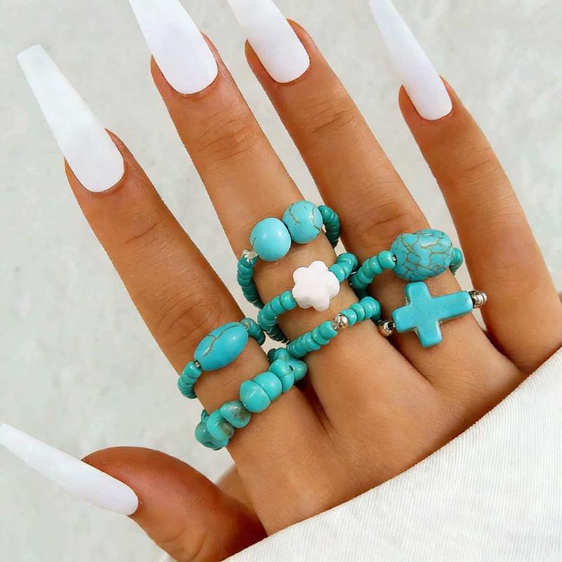 

Ethnic Style Imitation Pearl Beads Rings Set for Women Retro Blue Stone Cross Elastic Rope Ring Personality Zircon Gift синий
