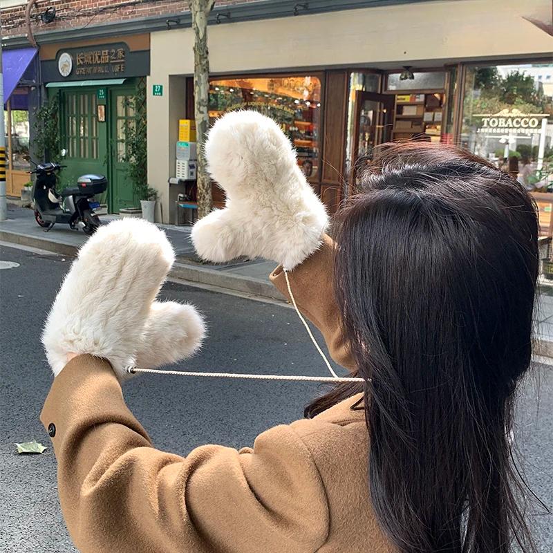 Winter Women Real Rabbit Fur Gloves Natural Thick Style Rabbit Fur Mittens Outdoor Girls Keep Warm Hand Knitted Fur Glove