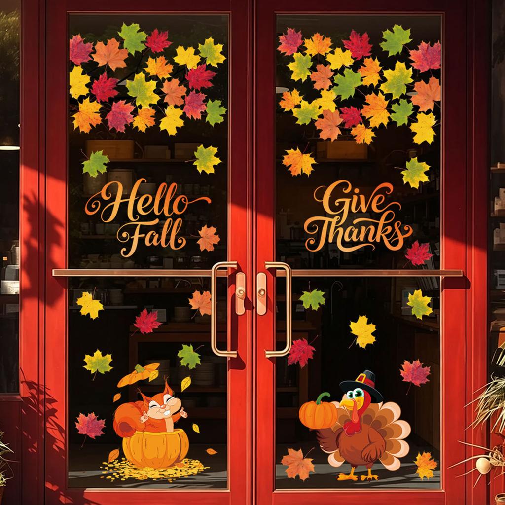 Thanksgiving Window Clings Fall Squirrel Turkey Pumpkin Stickers for Storefront Glass Decorations