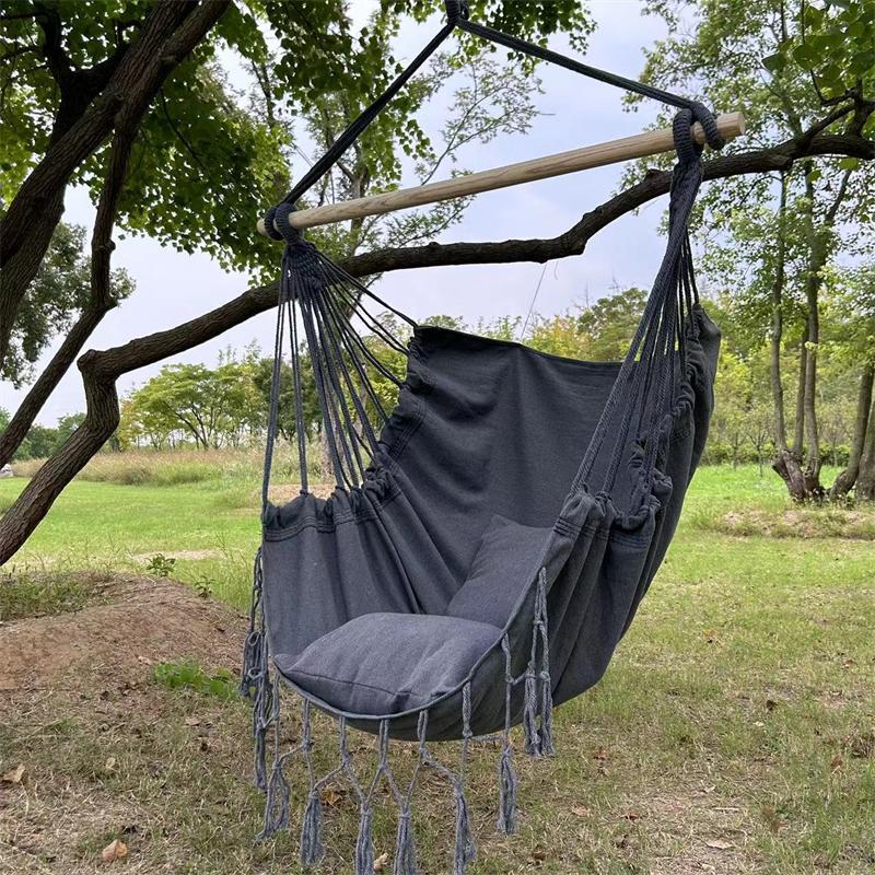 Leagăn cu frânghie suspendat, scaun tip hamac, maxim 500 lbs, 2 perne incluse, scaun suspendat mare din macrame cu buzunar pentru confort superior