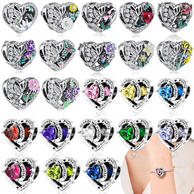 Purple Flowers Zodiac Signs Heart Pink Zircon Twelve Months Originalcopper Beads Fit Bracelet Women Diy Fine Gift Accessory