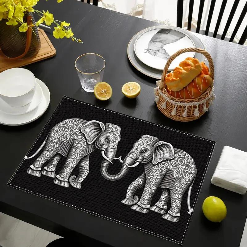4PC Creative and Elephant Element Printed Linen Placemats Make Your Restaurant Kitchen More Beautiful 30x45cm-4PC