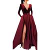 Deep V Long Sleeve Evening Dress for Women with Slit and Large Hem