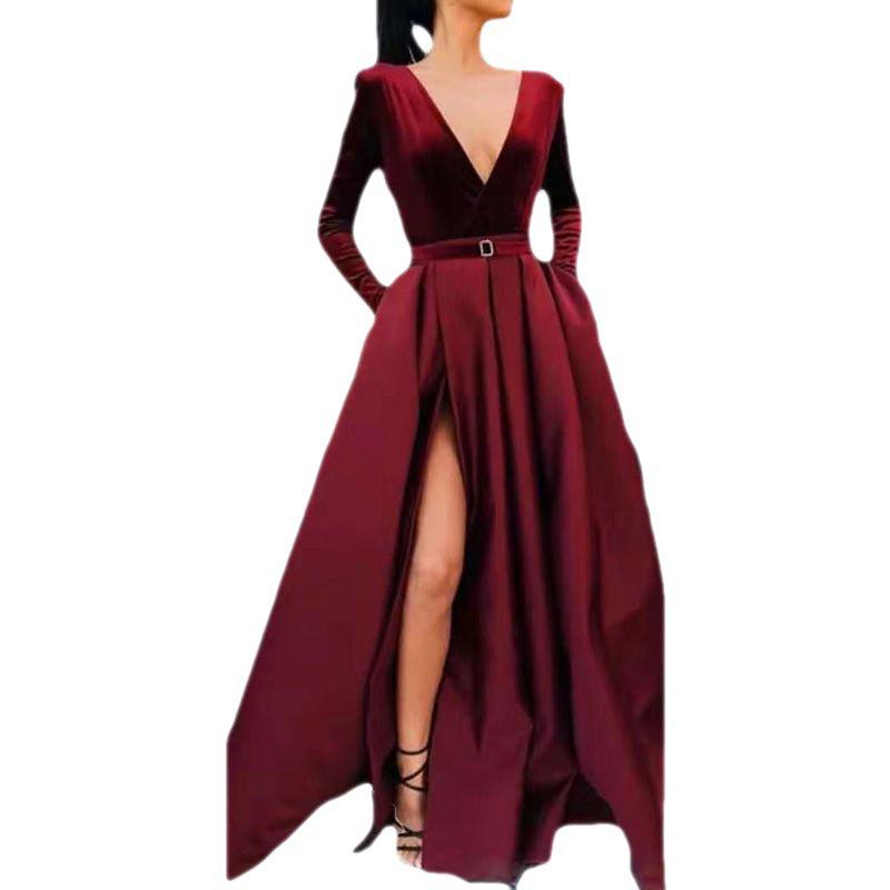 Deep V Long Sleeve Evening Dress for Women with Slit and Large Hem