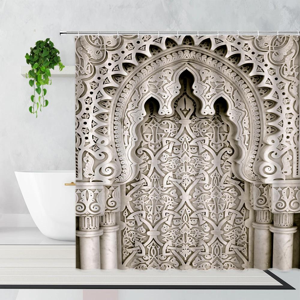 

3D Moroccan Shower Curtain Aged Gate Geometric Pattern Doorway Design Entrance Architectural Oriental Style Bathroom Curtains W60H190(CM)-1 Pcs