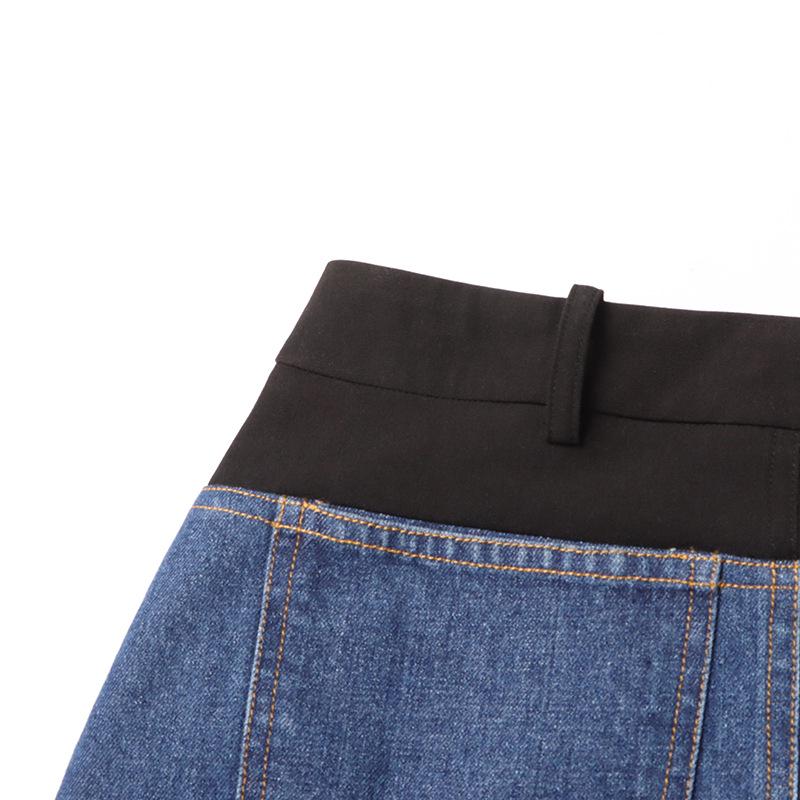 Retro Hong Kong Style Low-Waist Straight Denim Skirt with Front Slit and Contrast Splicing - Women's 2025 Spring Collection