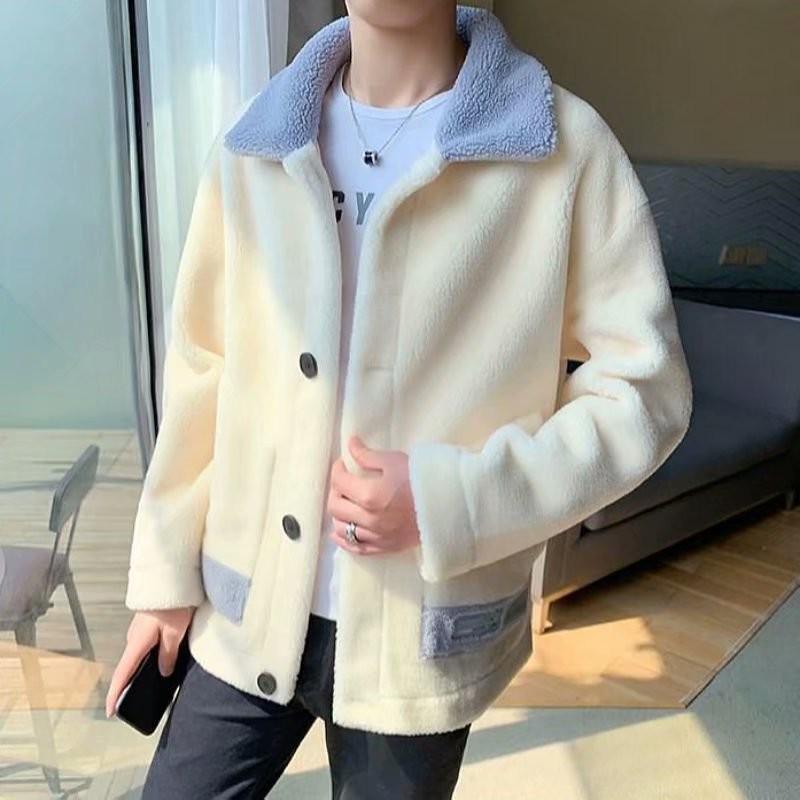 Men's Trendy Winter Wool Jacket with Lapel Collar, Thick Warm Polar Fleece, and Cotton Coat for Teens.