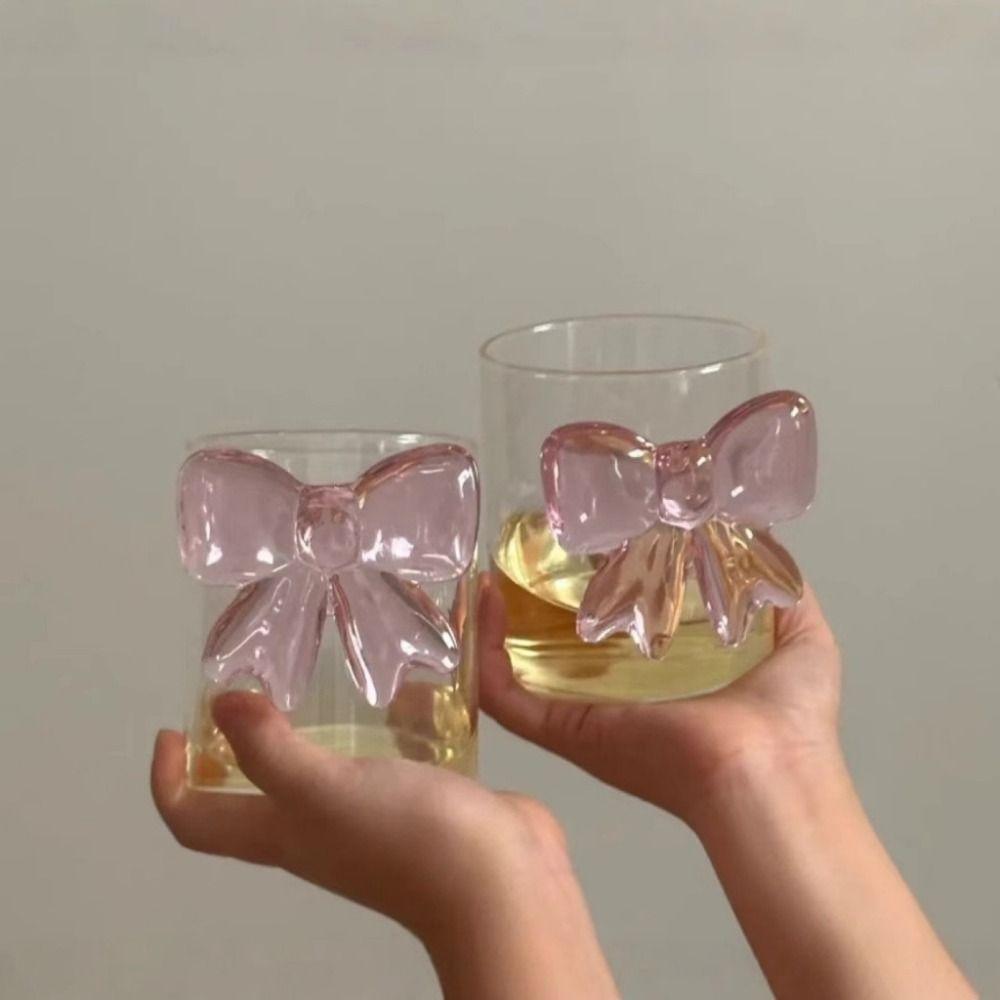 3D Cute Transparent Pink Bow Glass High Borosilicate Heat-Resistant Drinking Glasses 3D Milk Glass Cup Home