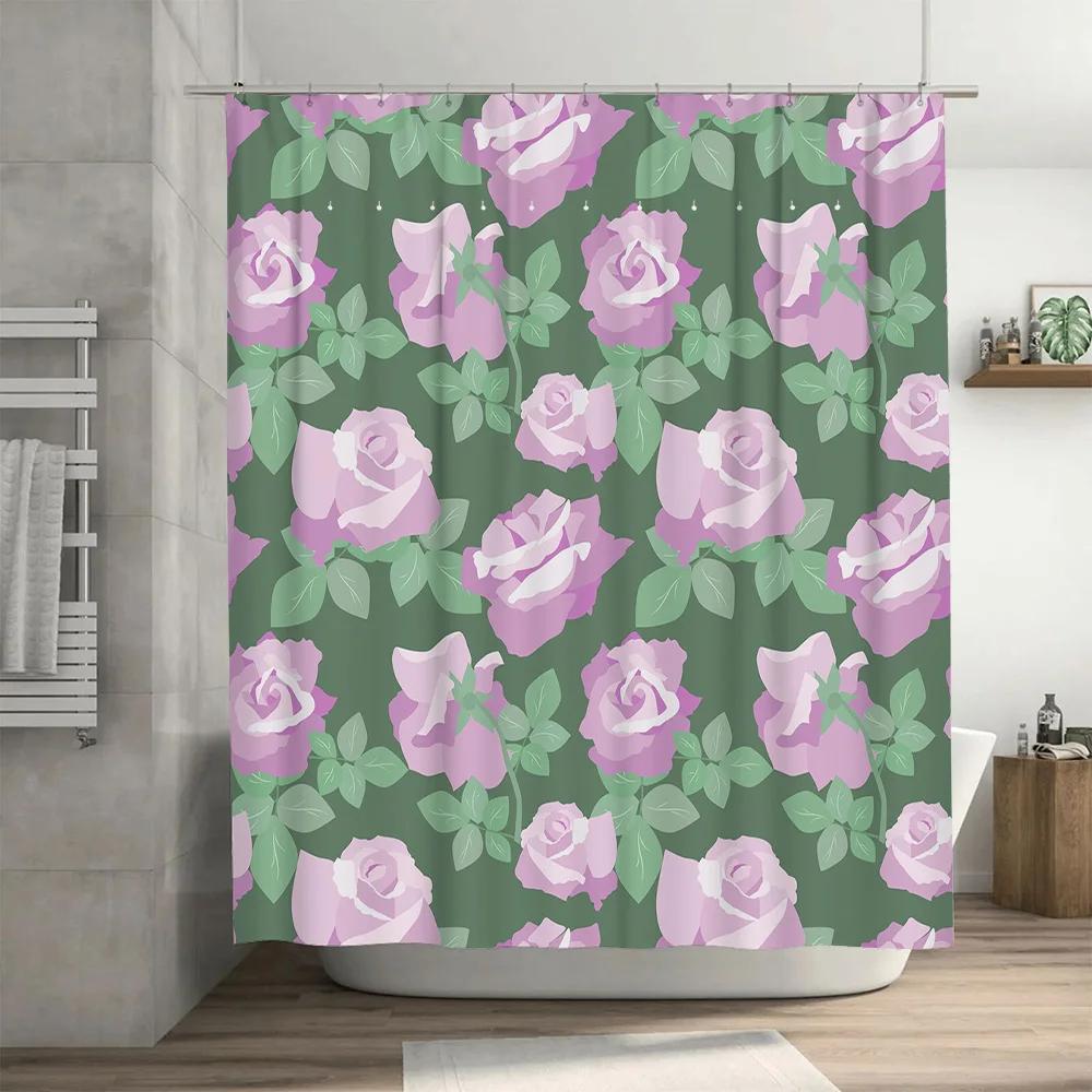 Luxury Rose Print Shower Curtain Waterproof Home Decor Bathroom Accessories Pink Purple Floral Pattern Green Pastel Colors 72 x