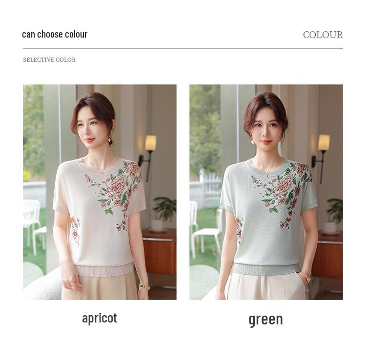 Mulberry Silk Knit Round Neck Short Sleeve T-shirt for Middle-Aged Women - 2026 Summer Collection