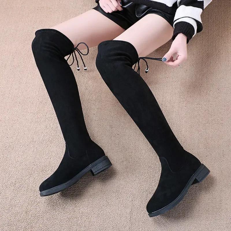 Fashion Large Size Warm Ladies Knee High Shaft Shoes Elegant With Low Heels Elastic Women's Long Boots Demi-season Winter 2024 Novelty