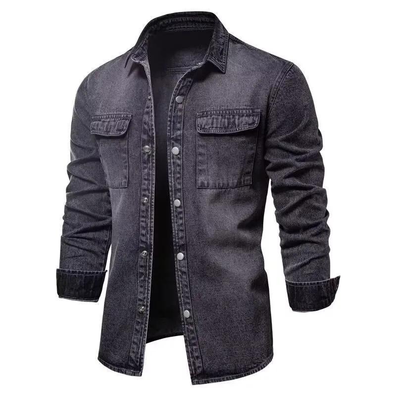 

Spring Autumn Denim Shirts Men Casual Solid Color Long Sleeve Shirt for Men L чорний колір сірий