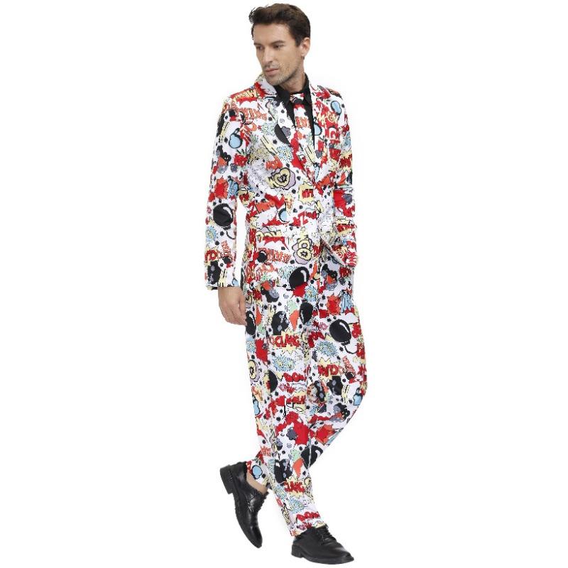 M-XL Men's Print Craze Suit Clown Costume, Halloween Holiday Disco Suit for Men