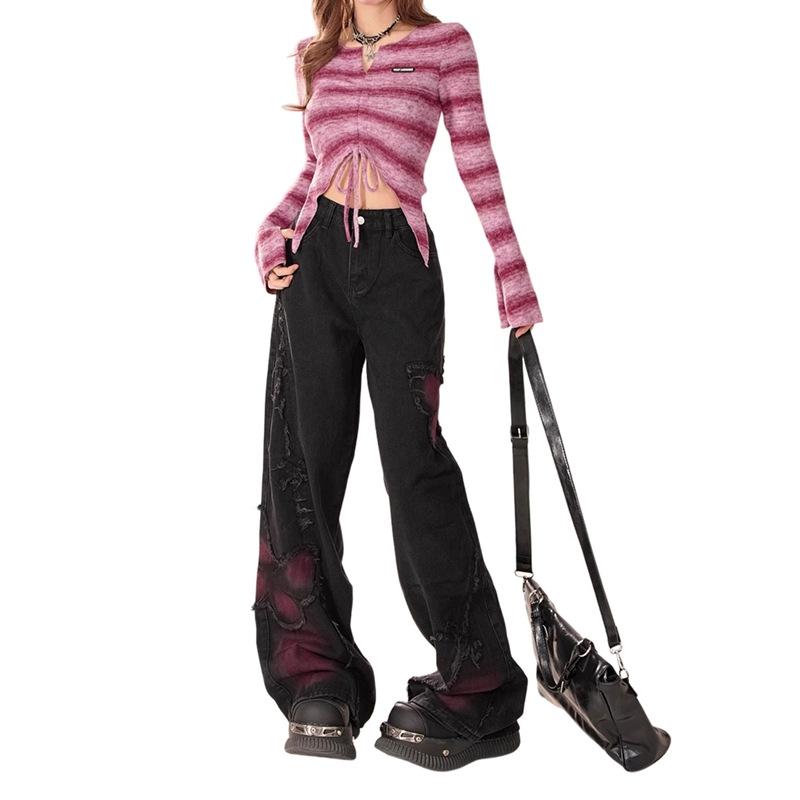 Schwarze Jeans Damen Gewaschen Alt Rohkanten Weiter Bein Hosen Mode Einzigartig Entspannte Weiter Bein Silhouette mit Strapazierfähigem Stoff, All-Match Jeans
