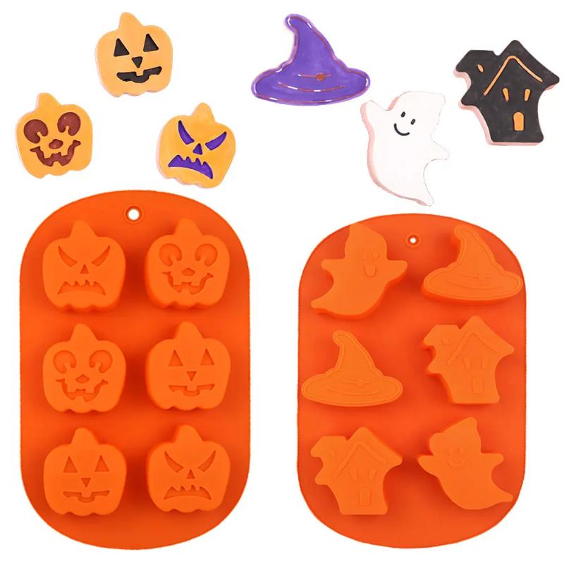 6-Cavity Silicone Candle Mold Pumpkin Ghost Witch Hat Design for DIY Resin Clay Tray Gothic Halloween Decor Making Tool