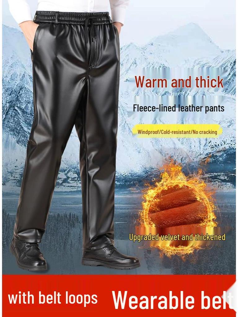 Men's Fleece-Lined Leather Motorcycle Pants - Thick, Windproof, Waterproof, Warm, Plus Size