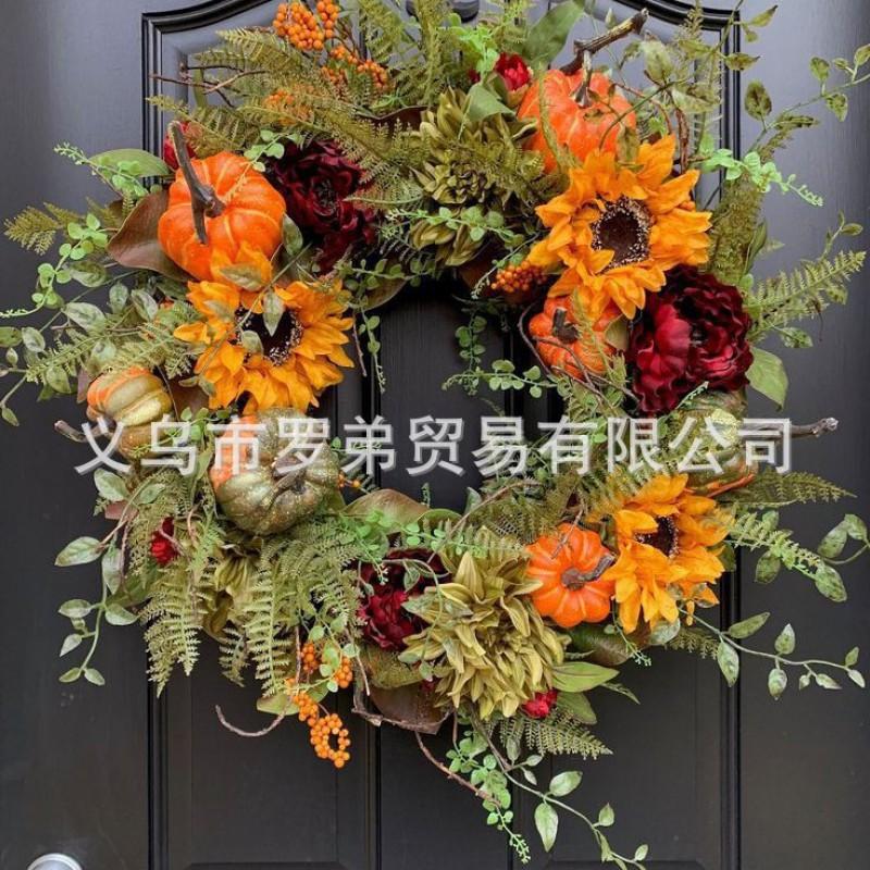 Harvest Wreath With Pumpkins Berries Vine Circle Halloween Thanksgiving Door Decor