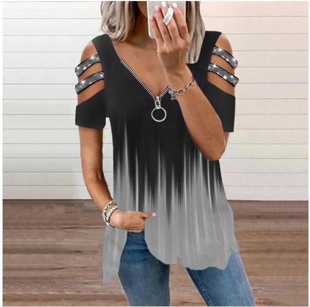 Women V Neck Zipper Pullover Printed Short Sleeve Loose T Shirt Top S