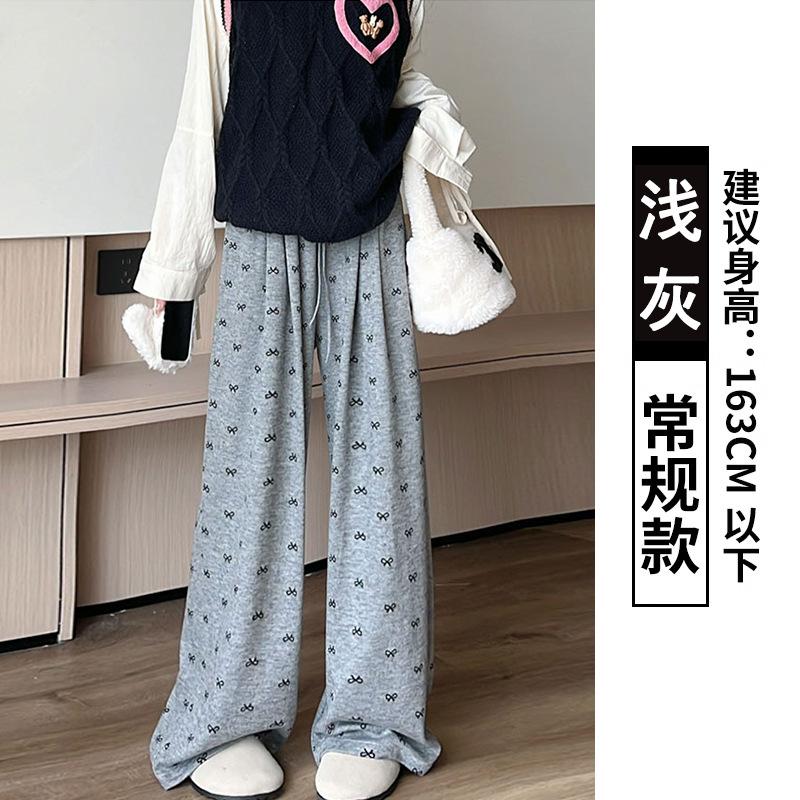 Grey Bow Glutinous Rice Yamamoto Pants Women's Spring and Autumn Vertical Straight Tube Small Lazy Casual Wide-leg Pants