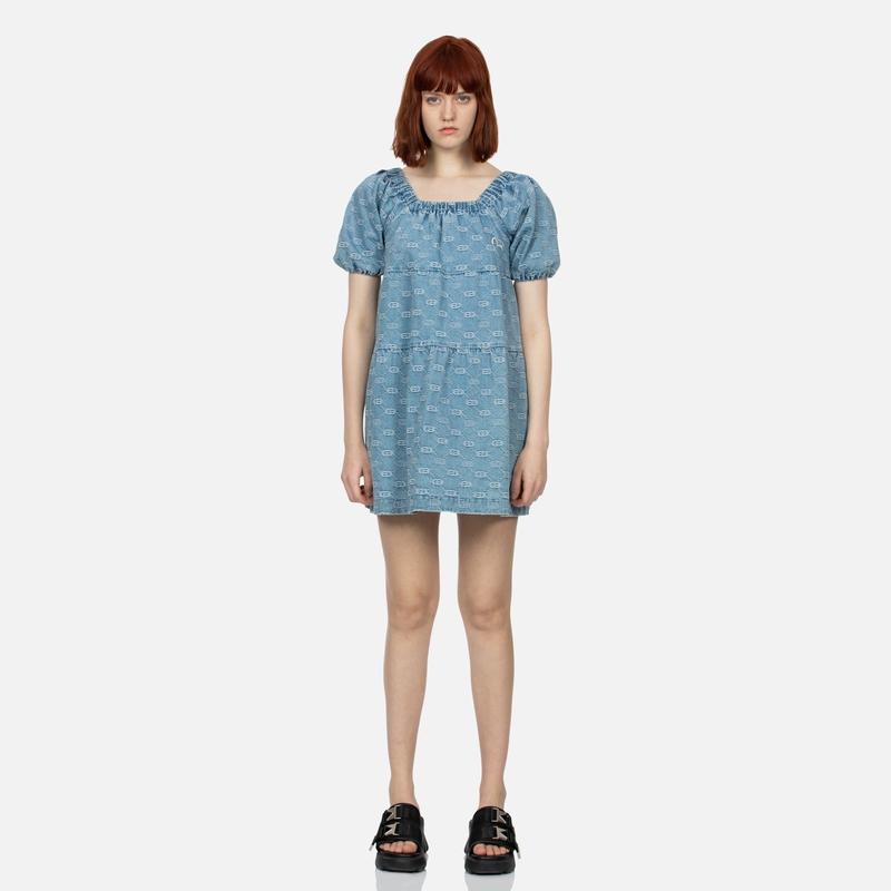 Evisu SS24 Seagull Embroidery And Allover Logo Jacquard Fashion Denim Short Sleeve Dress Women Dress Denim-Blue 2ESHTW4DR4070FFDP