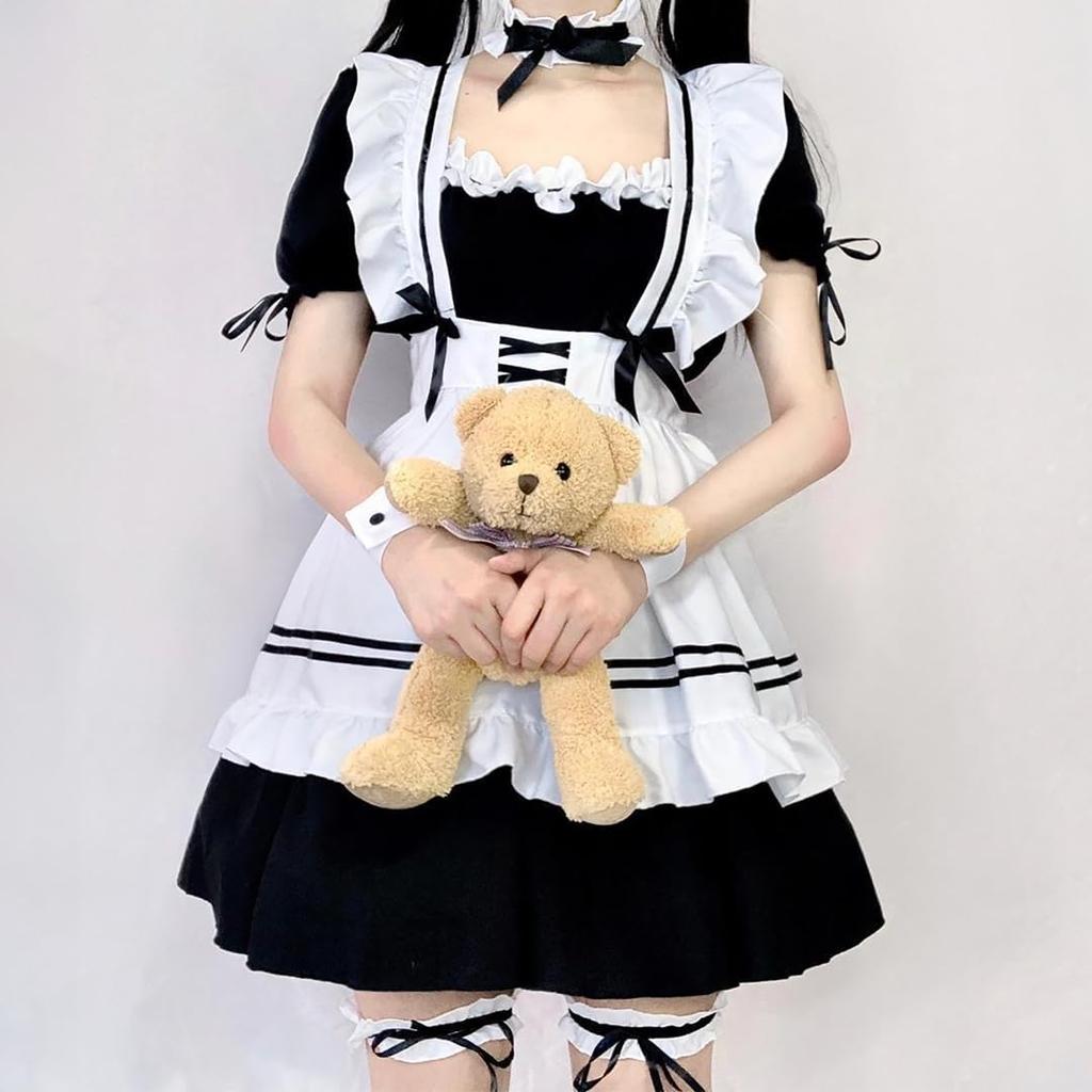 Asminlee Maid Cute and Gakuen Alice Cute Maid Plus Size Fancy Top and Bottom Unisex Costume, Popular, Long, Black, Costume, Beginner's Set, Outfit,