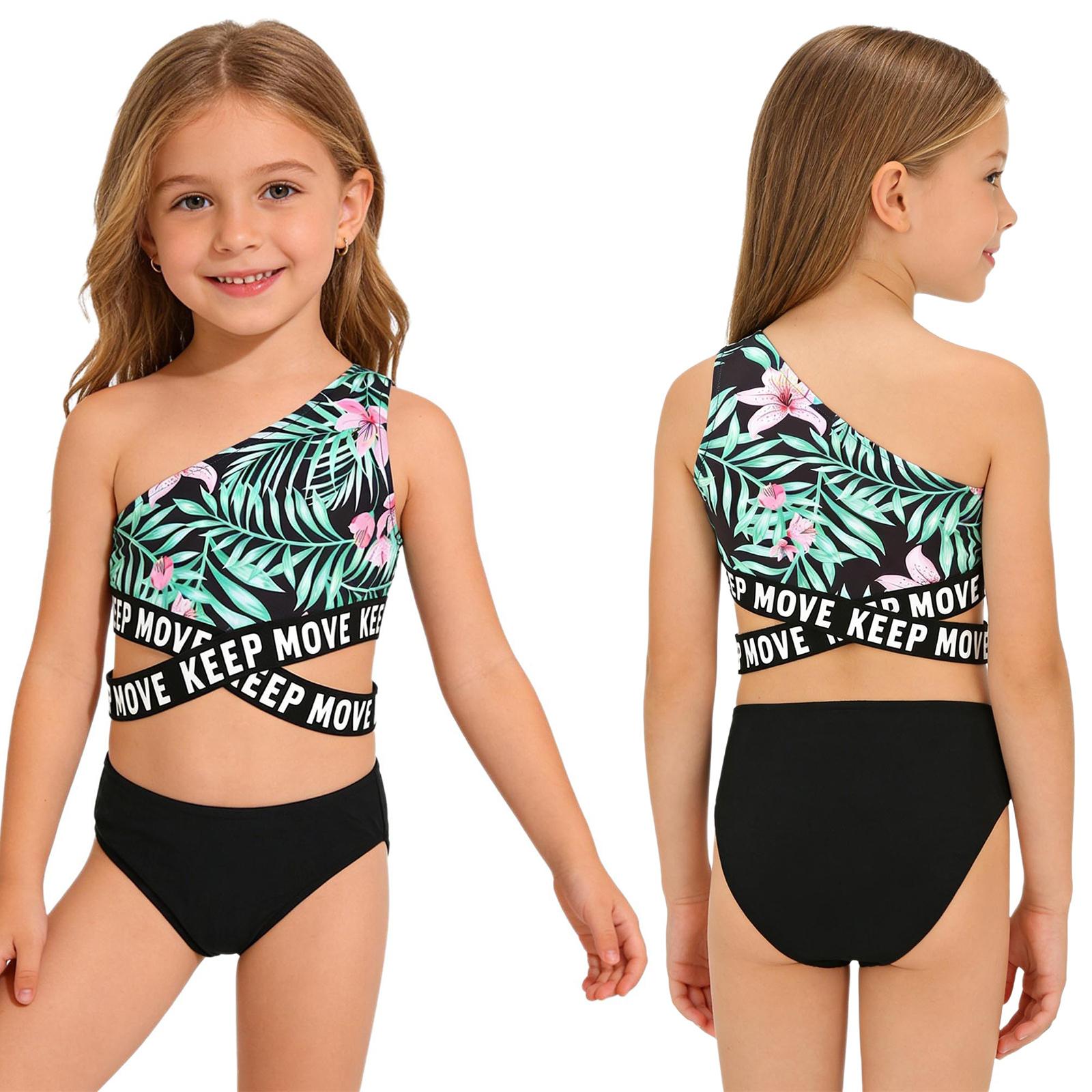 

Girls 2Pcs Swimwear Set: Single Shoulder Strap Criss Sash Print Crop Top & Briefs with Asymmetric Design for Beach Pool 5-6 Years