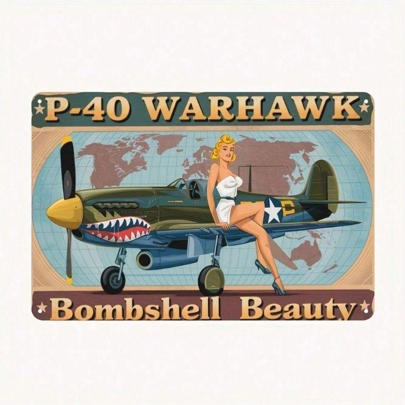 Metal Wall Art P-40 Warhawk WWII Fighter Plane Retro Aircraft Decor for Living Room