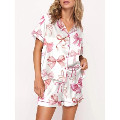 Women’s 2 Piece Lounge Set Pajamas Short Sleeve Lapel Cute Bow Print Button Up Shirt Tops + Loose Shorts Set for Sleepwear