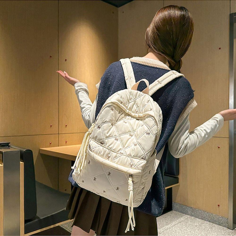 Embroidery Embroidered Bow Backpack Preppy Style Students School Bag Nylon Backpack Outdoor