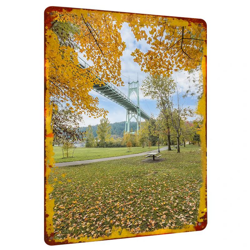 

Autumn Park Iron Bridge Scenery Custom Metal Wall Art Home Decor Living Room Study Hanging Decoration 20x30cm（7.8x11.8inch）