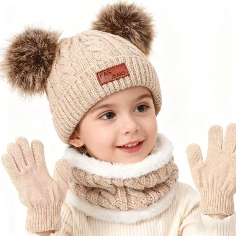 Plucked European and American Children's Hats, Scarves, Gloves, Three Piece Set, Autumn and Winter New Warm Baby Hat