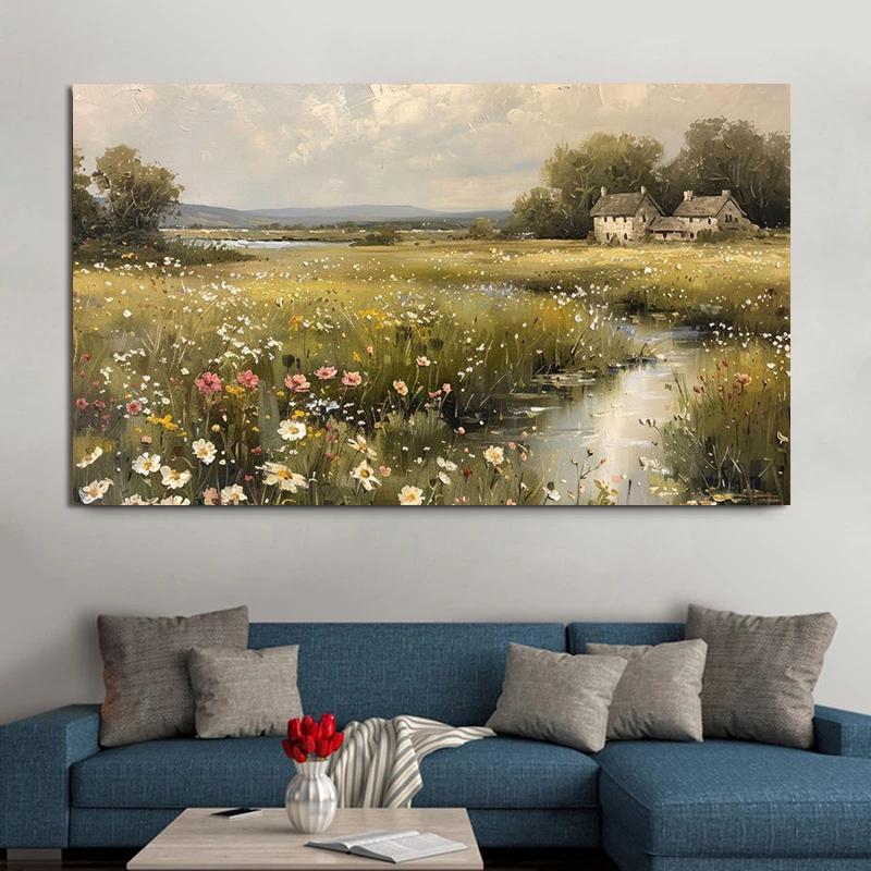 Vintage Ländliches Bauernhaus Wildnis Wildblumenfeld Landschaft Kunst Poster Leinwanddruck Wohnzimmer Schlafzimmer Heimdekoration Geschenke
