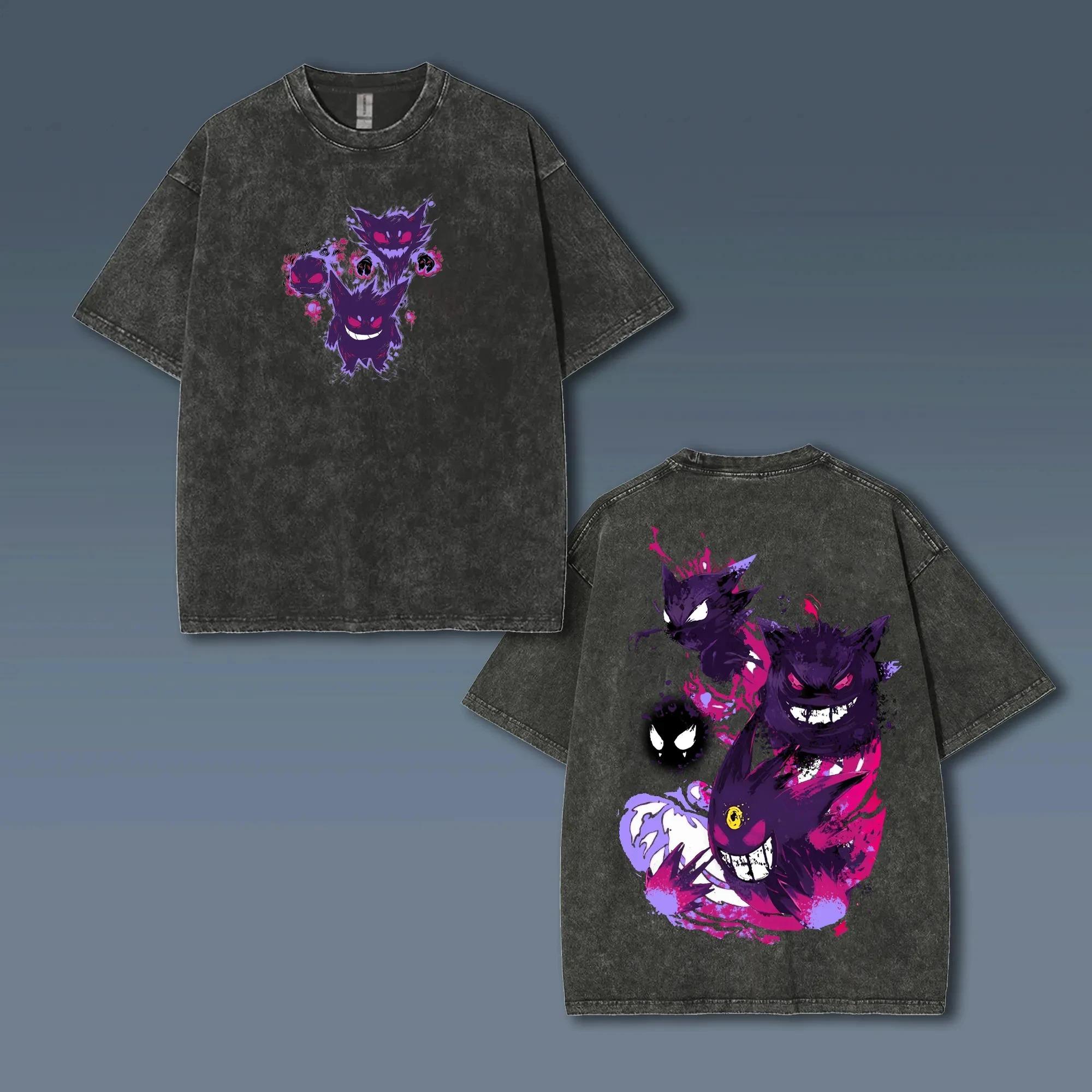 Fashion Hip Hop Clothes Pok&eacute;mon Animatie Afgeleiden Gengar Print Retro Gewassen Korte Mouw T-shirt Heren en Dames 2025 Zomer Mode Kleding S bruin