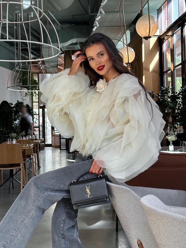 Round Neck Pullover Multi-Layer Ruffles Trim Women's Shirt Long Sleeve Short Style Round Collar Ear Edge Fashion Top for Women