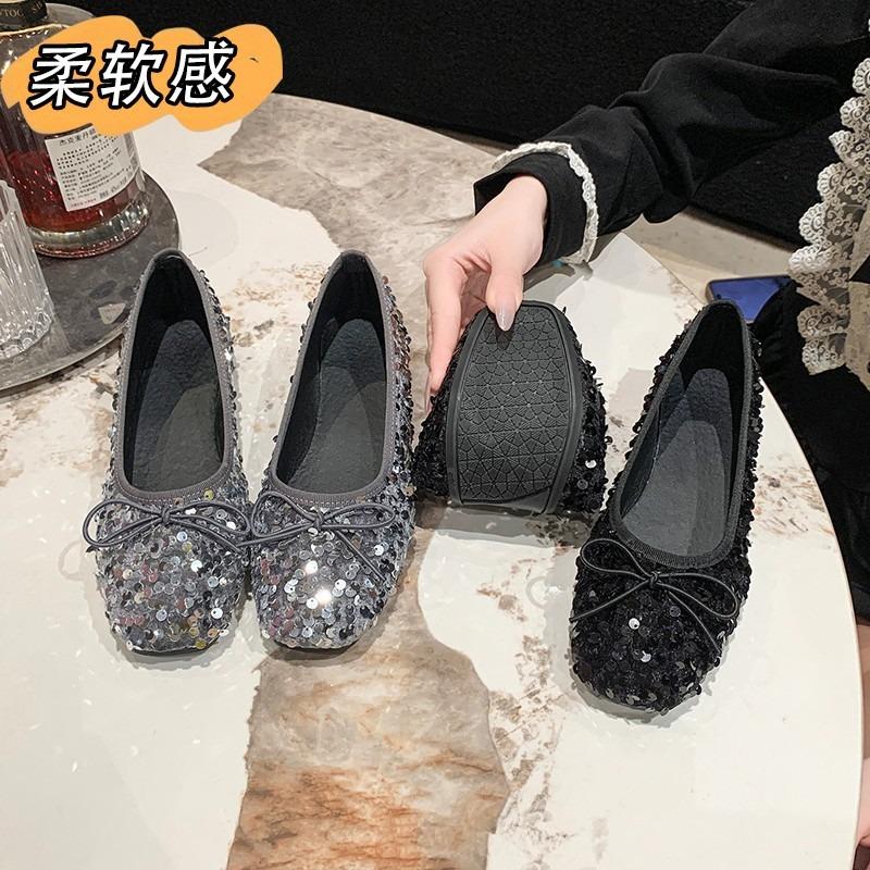 Gentle Evening Shoes Spring and Autumn New Shoes Square Head Light Mouth Flat Bottom Silver Sequined Fairy Single Shoes