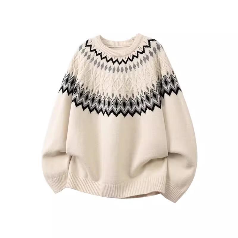 BWKA Unisex Fair Isle Cable Knit Round Neck Pullover Sweater M