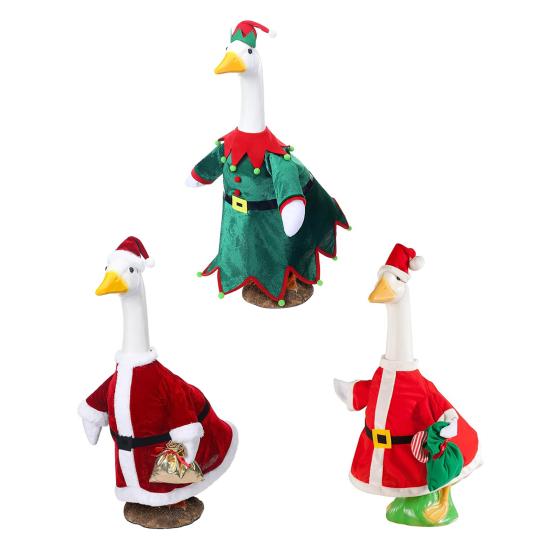 Santa Claus Goose Outfit Christmas Porch Goose Costume Festive Clothes And Hat for 23" High Cement or Plastic Goose Lawn Patio Garden Decor
