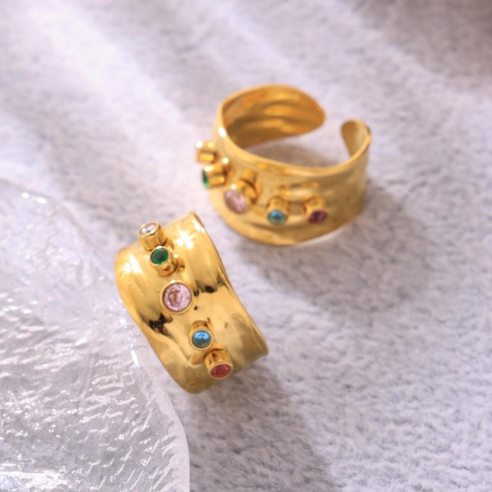 Multi Color Zircon Ring And Same Style Earrings In Stainless Steel 18k Gold Plated Wide Rings C Shape Stud Earring For Women