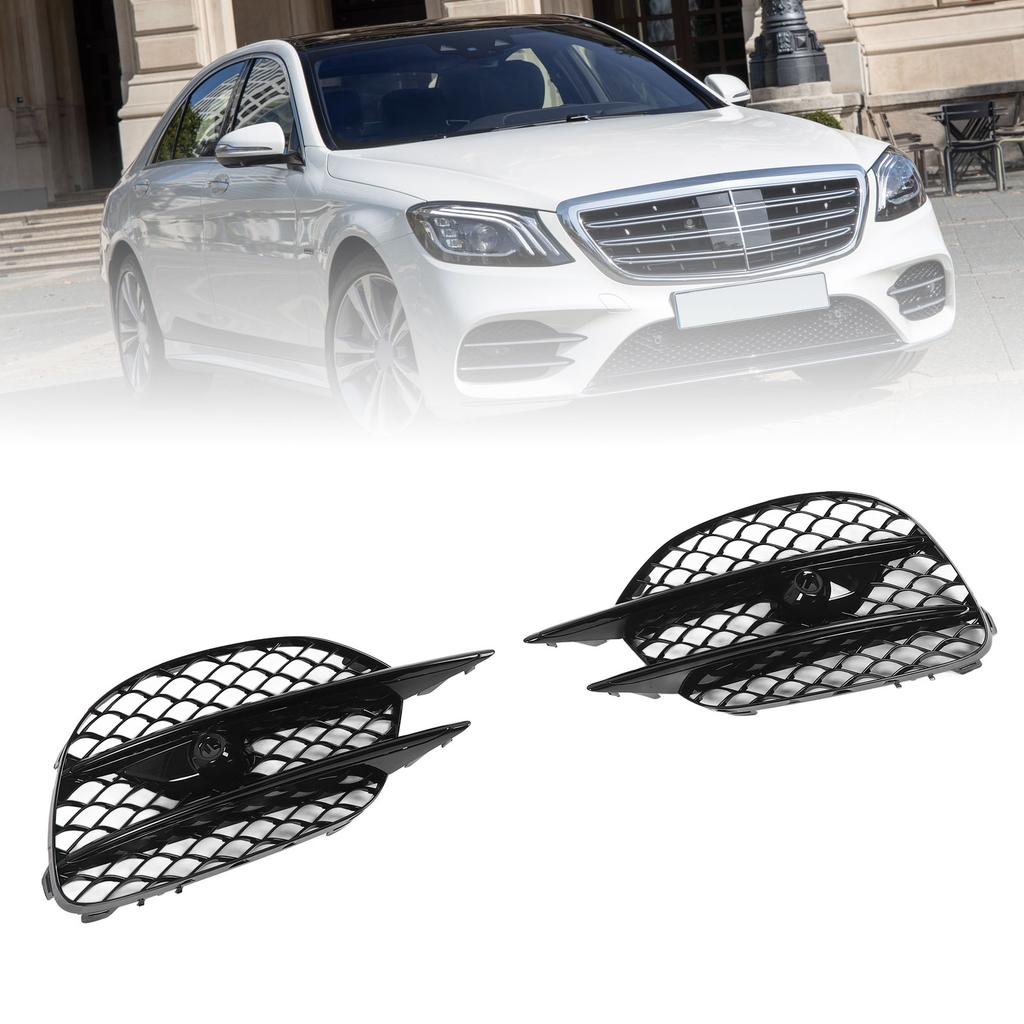 Gloss Black Front Bumper Fog Grille With Trim Moulding For   W222 Sedan   Line 2018 to 2020
