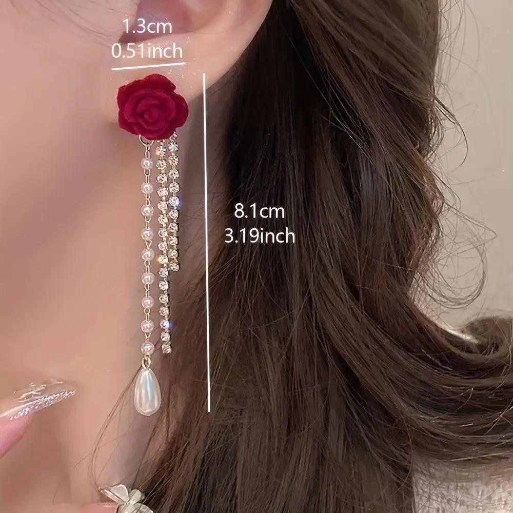Elegant Shiny Rhinestone Dangle Earrings Tassel Pearl Korean Style Earrings Bow Red Rose Bow Stud Earrings Wedding Accessories