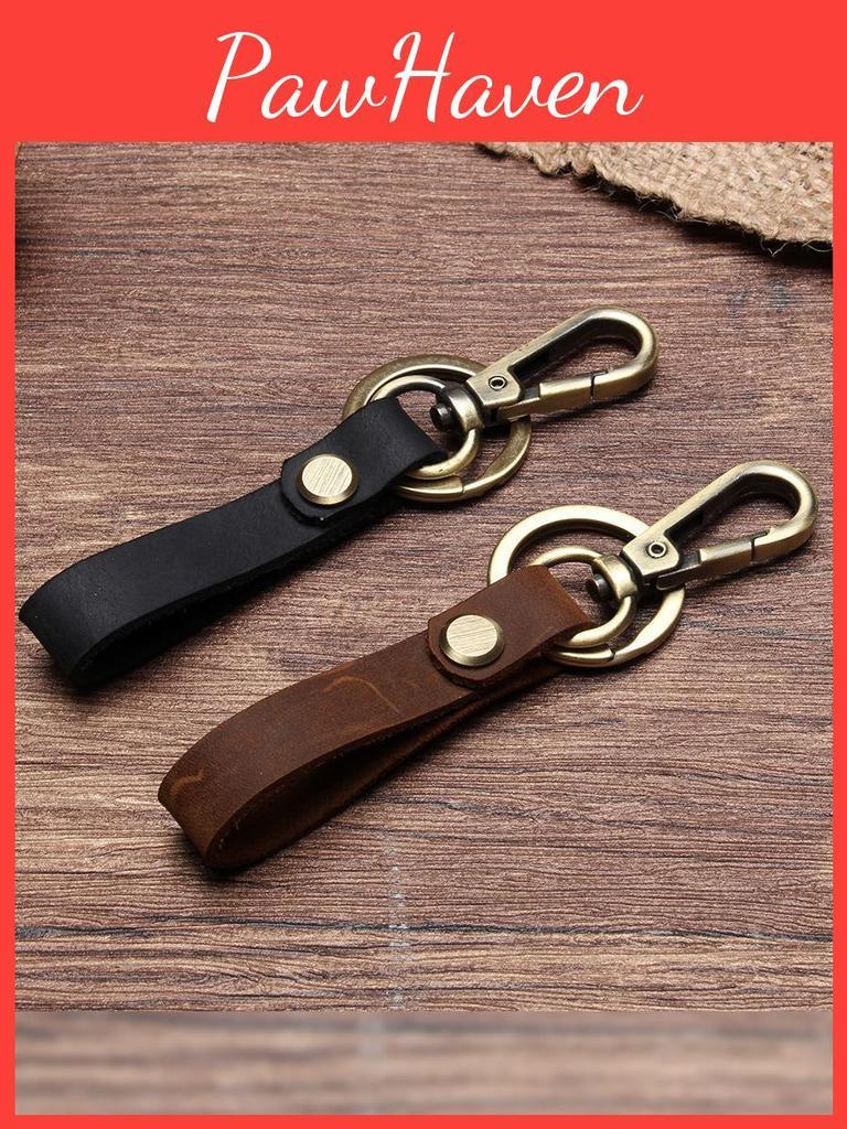 Mens Personalized Leather Crazy Horse Keychain With Metal Ring