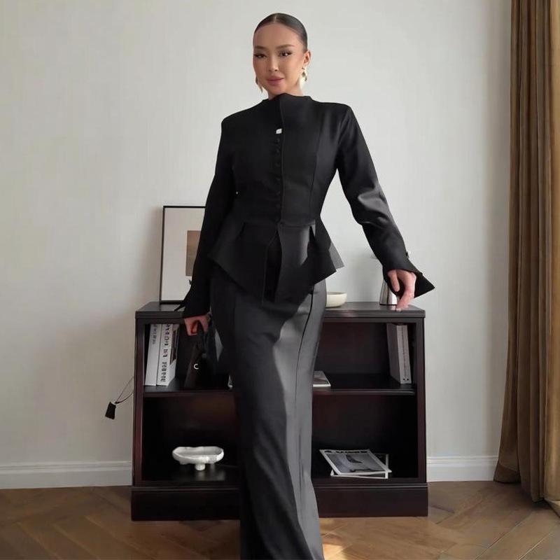 

Women s Solid Color Bodycon Long Skirt Set with Long Sleeve Mock Neck Top L чорний